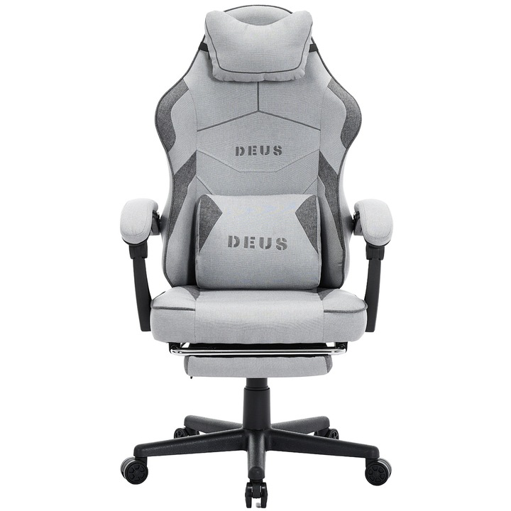 Геймърски стол DEUS Edge Light Gray, Текстил, Поставка за крака
