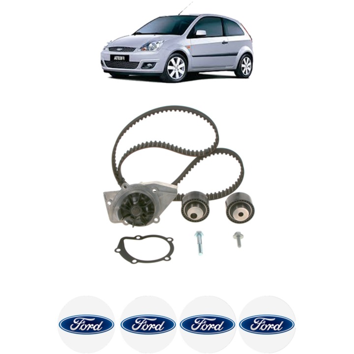 Set pompa apa si curea distributie FORD FIESTA V (JH_, JD_) 1.4 TDCi 68 CP din 2001 - 2008, Bosch, 4x Stickere auto cu FORD