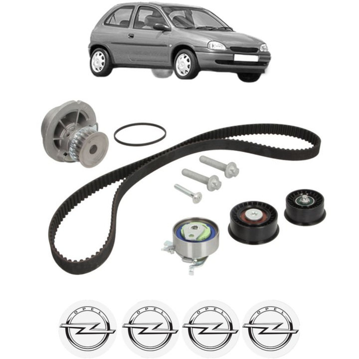 Set pompa apa si curea distributie OPEL CORSA B (S93) 1.4 i 16V (F08, F68, M68) 90 CP din 1994 - 2000, Bosch, 4x Stickere auto cu OPEL