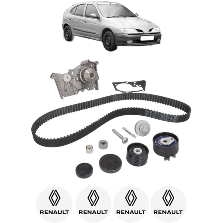 Set pompa apa si curea distributie RENAULT MEGANE I (BA0/1_) 1.4 16V (BA0D, BA1H, BA0W, BA10) 95 CP din 1999 - 2003, Bosch, 4x Stickere auto cu RENAULT