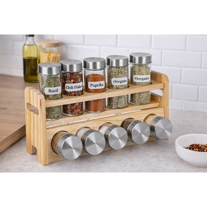 Suport din Lemn pentru Condimente cu 8 Recipiente din Sticla, 85 ml, 26 x 8 x 18 cm