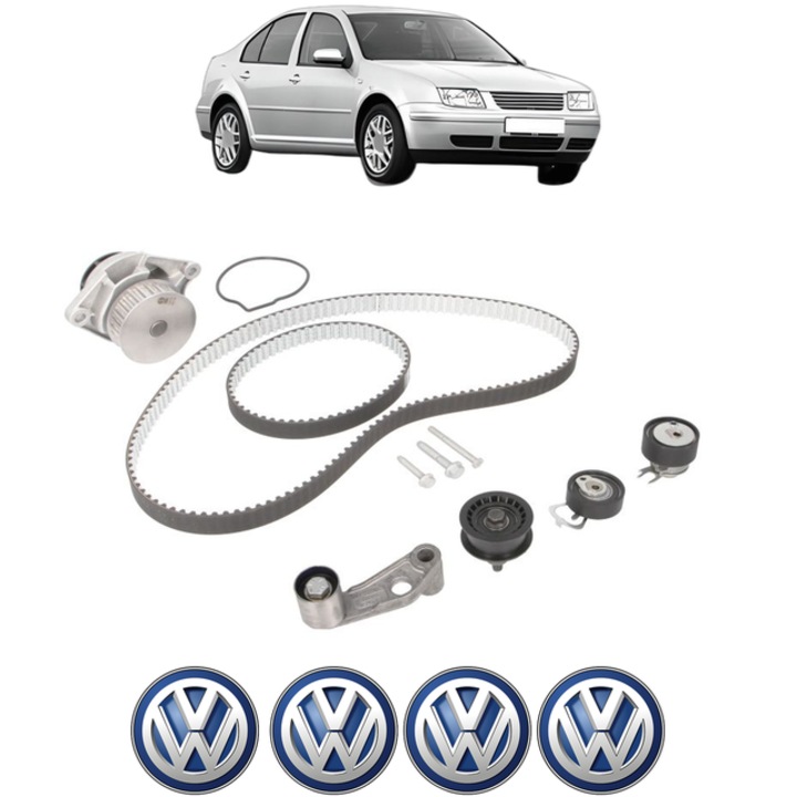Set pompa apa si curea distributie Volkswagen BORA I (1J2) 1.4 16V 75 CP din 2000 - 2005, Bosch, 4x Stickere auto cu Volkswagen