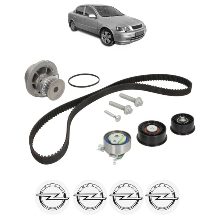 Set pompa apa si curea distributie OPEL ASTRA G CLASSIC Saloon (T98) 1.4 16V (F69) 90 CP din 2004 - 2009, Bosch, 4x Stickere auto cu OPEL