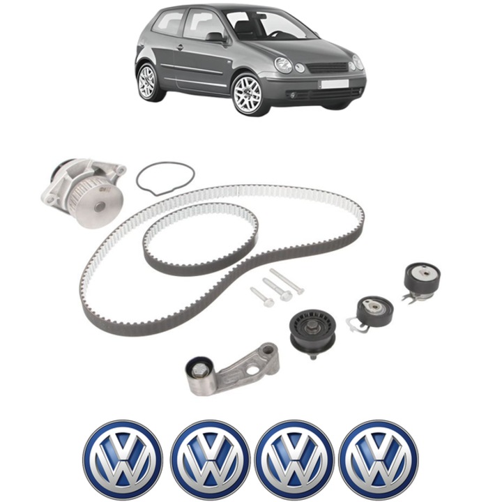 Set pompa apa si curea distributie Volkswagen POLO IV (9N_, 9A_) 1.4 16V 75 CP din 2001 - 2008, Bosch, 4x Stickere auto cu Volkswagen