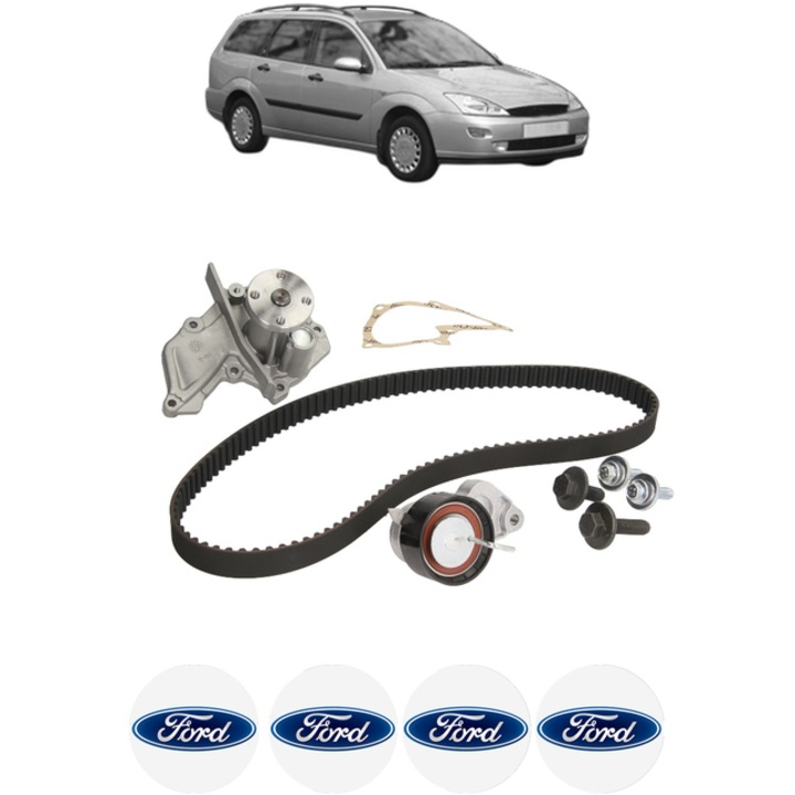 Set pompa apa si curea distributie FORD FOCUS I Turnier (DNW) 1.4 16V 75 CP din 1999 - 2004, Bosch, 4x Stickere auto cu FORD
