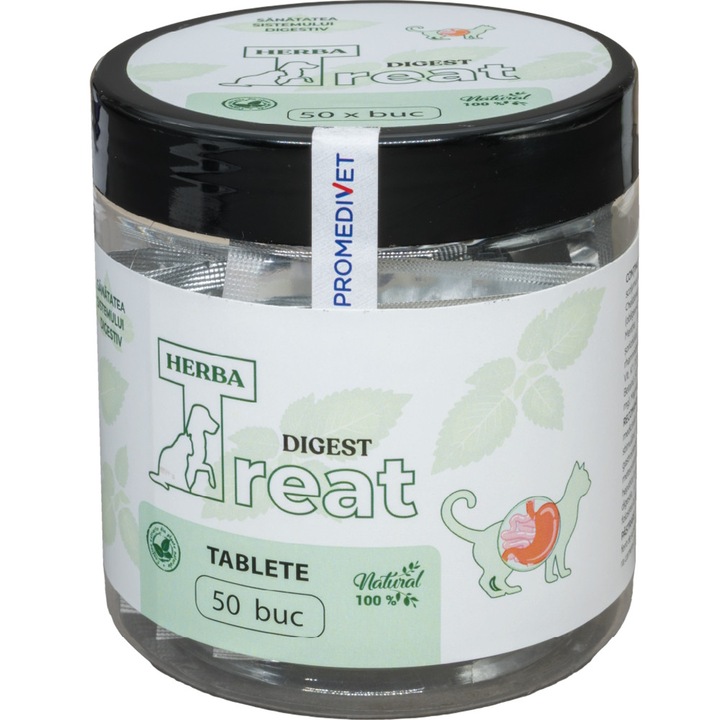 Herba Treat Digest Pisici, 100% Natural, 50 tab propietati stomahice, digestive, stimuland activitatea hepatobiliara, in dispepsii gastrointestinale, in hipoaciditate gastrica, in meteorizatii cronice, constipatiei, in afectiuni hepatice
