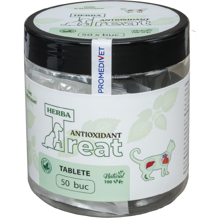 Herba Treat Antioxidant Pisici 100% Natural, 50tab Are rol in detoxifierea organismului, contribuind la fortificarea intregului organism. Sustine functia mentala si reduce imbatranirea celulelor