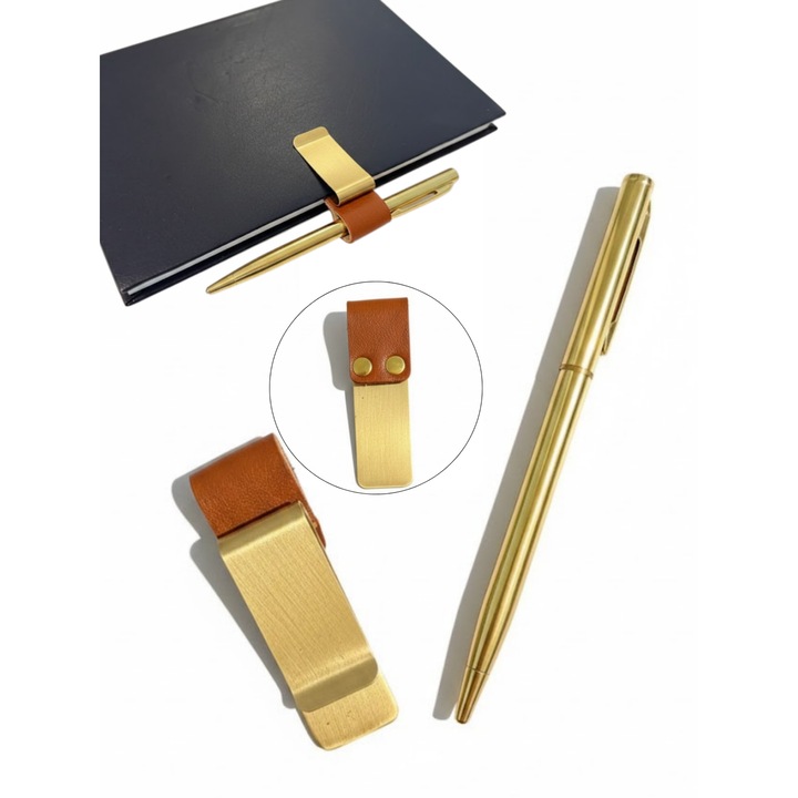 Set Semn de Carte cu Pix Metallic Auriu, Suport din Piele, Clips din Oțel Inoxidabil, Negru, 6.8x2x5.2cm