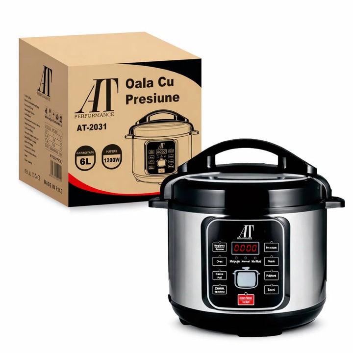 Електрическа тенджера под налягане AT Performance AT-2031, 6L, 1200W, инокс/черна, мултифункционална