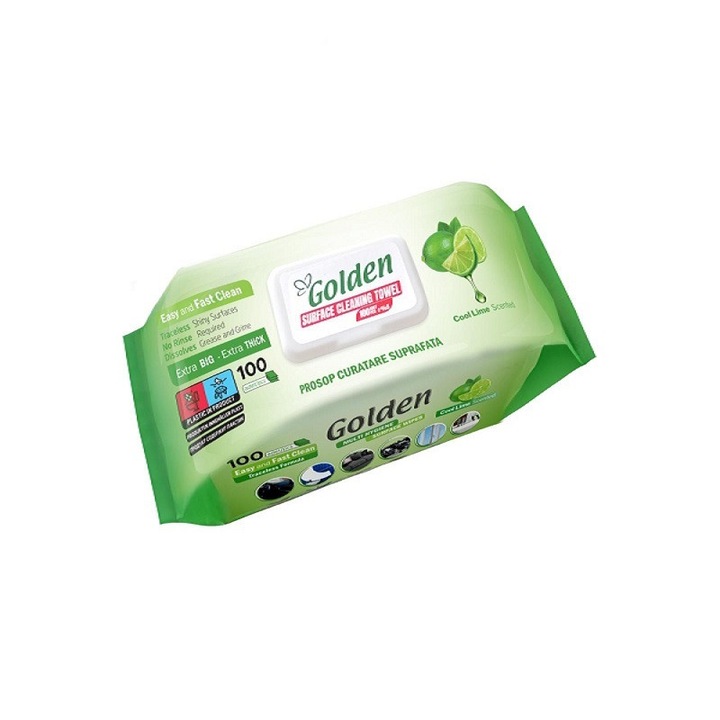 Servetele umede antibacteriene Golden, set 100 PCS, lime, formula naturala
