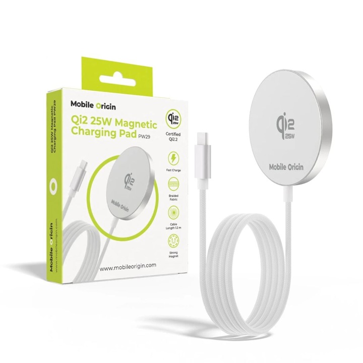 Incarcator magnetic Mobile Origin Qi2 25W, alb, USB-C