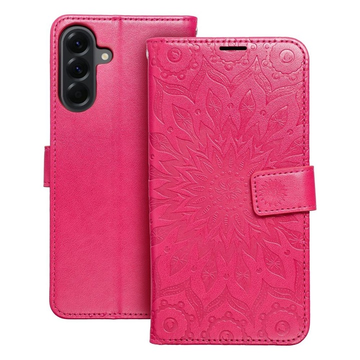Samsung Galaxy A56 5G kompatibilis telefontok, könyvtok, mágneszáras, bankkártyatartós, mandala mintás, magenta, Forcell Mezzo