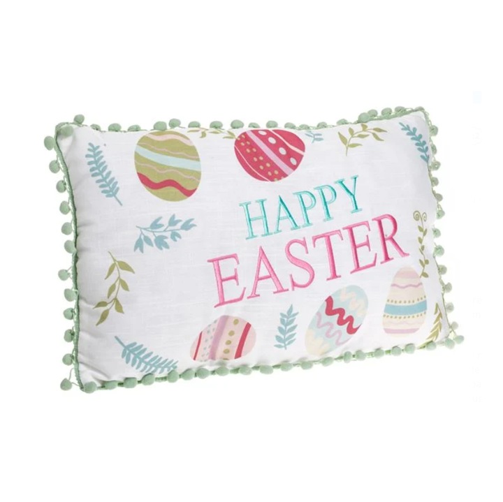 Perna Decorativa Alba cu Model de Primavara Brodat si Oua de Paste 50x30cm