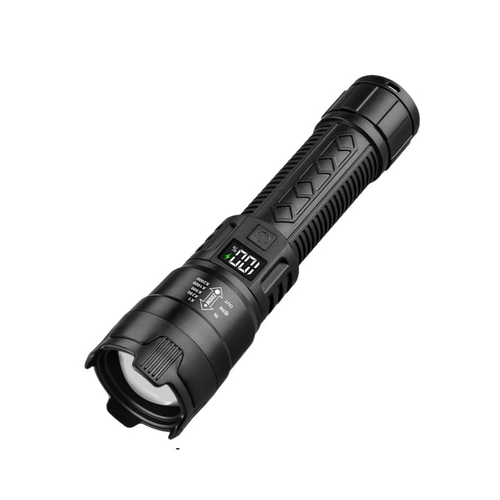 Lanterna tactica LED, Zoom si afisaj digital, Neagra, 38x153mm, Incarcare USB