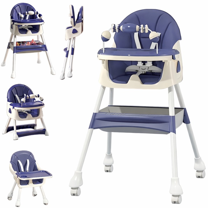 Scaun de Masa 3in1 pentru Bebelusi si Copii Tarossy®, Varsta 6 - 36 luni, Inaltime Ajustabila, Centura de Siguranta in 5 Puncte, Tavita Reglabila si Detasabila, Loc Depozitare, Albastru