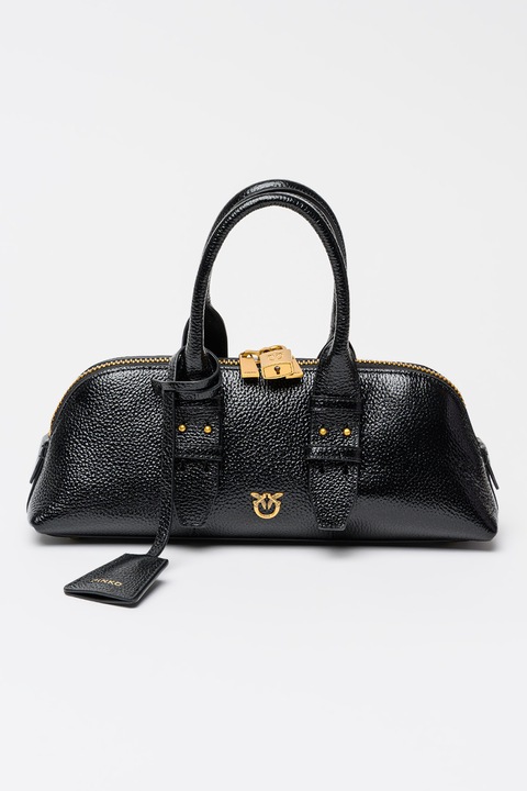 Pinko, Geanta de piele lacuita cu maner si logo, Negru carbon