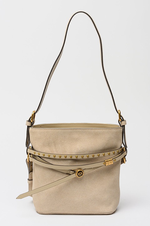 Pinko, Geanta bucket din piele intoarsa cu barete ajustabile, Bej sampanie