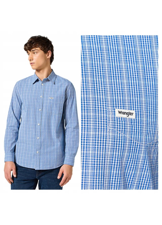 Camasa Barbati, Wrangler, 1 PKT Shirt, Regular Fit, Maneci Lungi, Cu Nasturi, Design Clasic, Bumbac, Albastru, Albastru