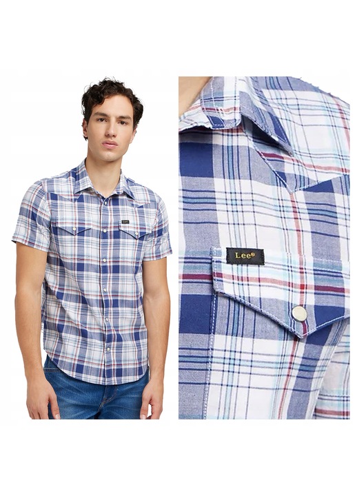 Camasa Barbati, Lee, SS Western Shirt, Regular Fit, Maneci Scurti, Cu Nasturidwqf, Design Clasic, Bumbac, M, Multicolor, Albastru