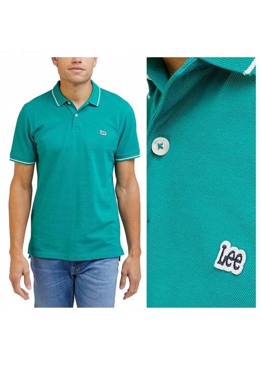Férfi galléros póló, Lee, Pique Polo, normál szabású, rövid ujjú, gombos, klasszikus design, pamut, M INTL, zöld