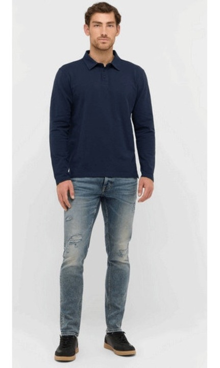 Tricou Polo Barbati, Mustang, Portis, Regular Fit, Cu Guler, Cu Logo, Design Clasic, Maneci Lungi, Bumbac, Albastru, Albastru inchis