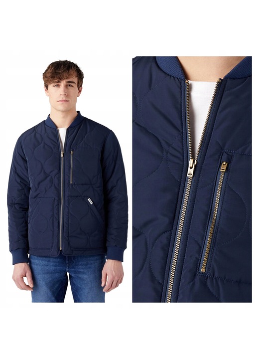 Jacheta Barbati, Wrangler, Padded Jacket, Regular Fit, Design Clasic, Fara Gluga, Fermoar, Bumbac, Albastru, Albastru