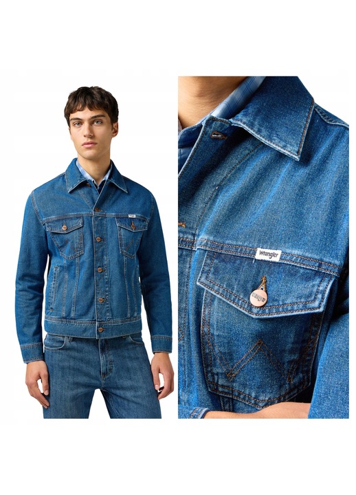Jacheta Barbati, Wrangler, Classic Jacket, Regular Fit, Denim Design, Fara Gluga, Cu Nasturi, Bumbac, Albastru, Albastru
