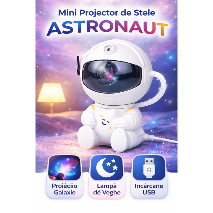 Proiector de stele Astronaut, Lampa de veghe pentru copii, reglare 360, Alb 125 mm