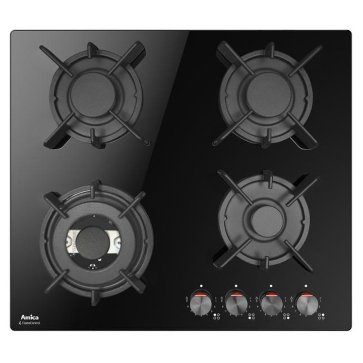 Aragaz Amica PGCD6111AOB, 4 arzătoare, sticlă călită, 59cm, putere maximă 7400W