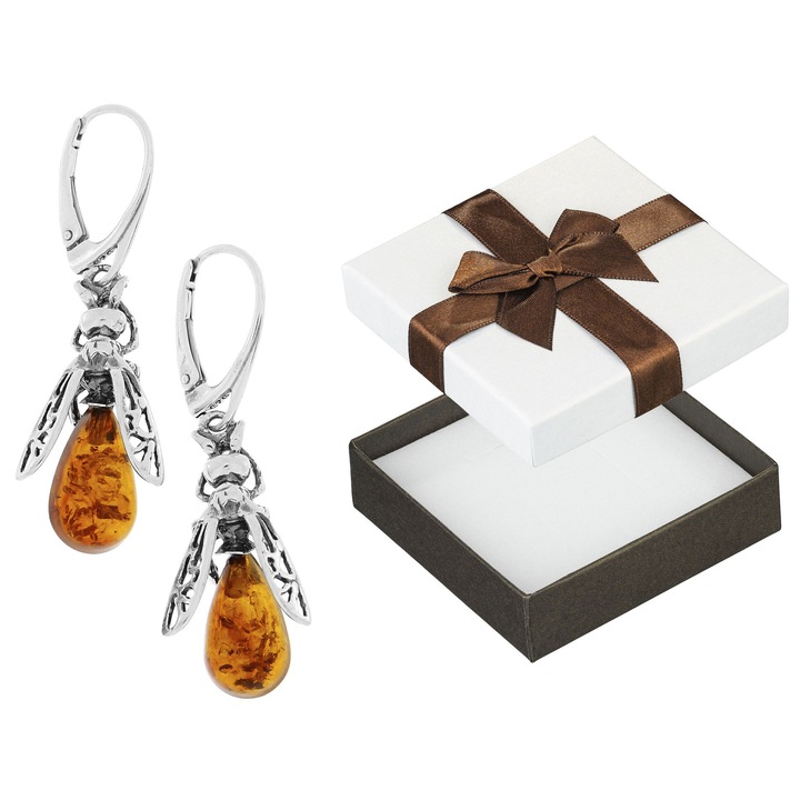 Cercei argintii cu forma de albine si chihlimbar, cu cutie de cadou, Siju, 45x14mm