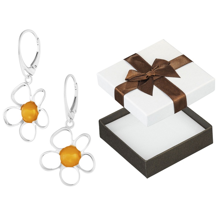 Cercei argintii cu flori si chihlimbar, Siju, set cu cutie de cadou, 41x22mm