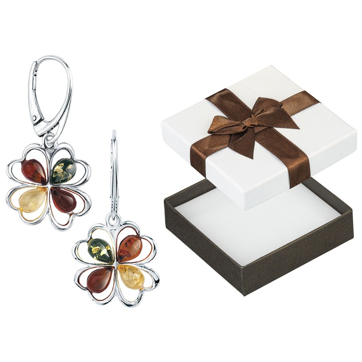 Cercei argintii cu forma de trifoi si chihlimbar, set cu cutie de bijuterii, Siju, 36mm x 17mm