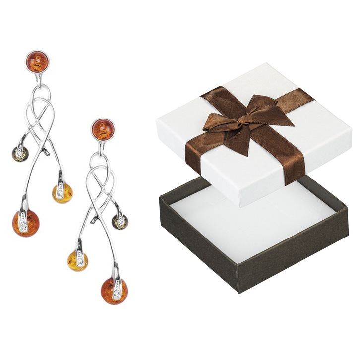 Cercei din argint 925 cu chihlimbar baltic si zirconii, set cu cutie de cadou, 55x16mm
