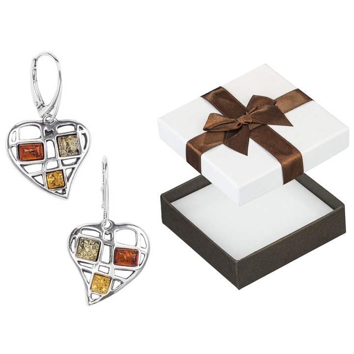 Cercei din argint cu chihlimbar, Siju, argint 925, hipoalergenici, 37x21mm, set cu cutie de cadou