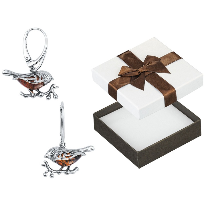 Cercei din argint 925 si chihlimbar, Siju cu cutie de cadou, 30x22mm, culoare bruna