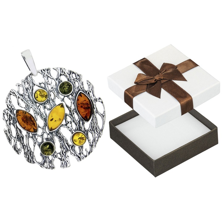 Pandantiv mare din argint oxidat cu ambra, model azurat, 51x43mm, set cu cutie de bijuterii, Siju