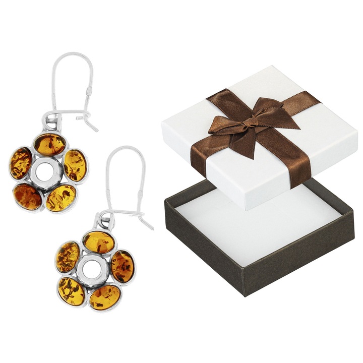 Cercei din argint cu flori si chihlimbar, Siju, set cu cutie de cadou, 34x16mm, hipoalergenici