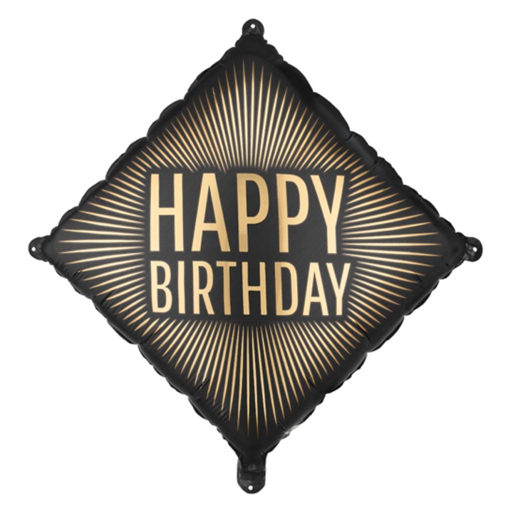 Balon folie Happy Birthday, 46x46 cm, Auriu/Negru