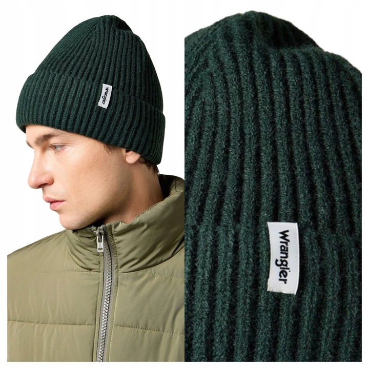 Мъжка шапка, Wrangler, Rib Beanie, Стандартна кройка, Топла и удобна, Класически дизайн, С лого, Памук, Един размер, Зелен
