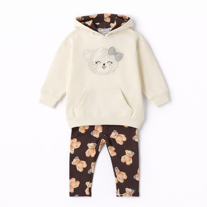 Sarabanda Krémszínű és Barna Lány Szett Kapucnis Pulóverrel és Elasztikus Polár Leggingsszel