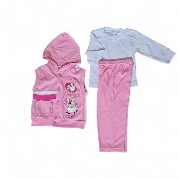 Compleu copii 3 piese, M3001-Roz, vesta, bluza si pantaloni, marimea 86