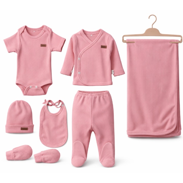 Детски комплект от 7 части, комплект за изписване, пениран памук, розов, 0-3 месеца