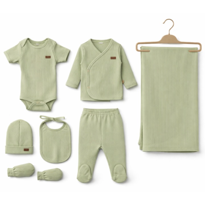 Бебешки комплект от 7 части, пениран памук, зелен, 0-3 месеца