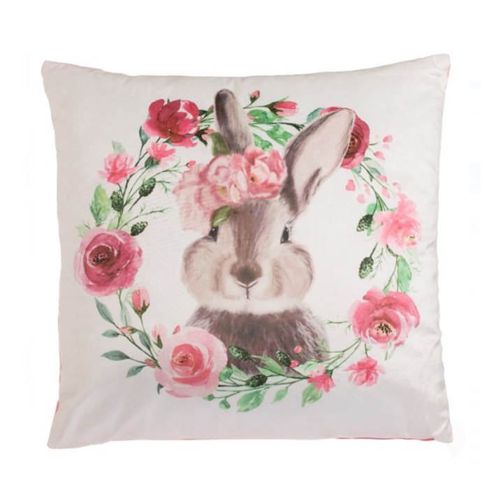 Perna Decorativa de Paste Catifelata cu Model Iepuras si Flori 40x40cm