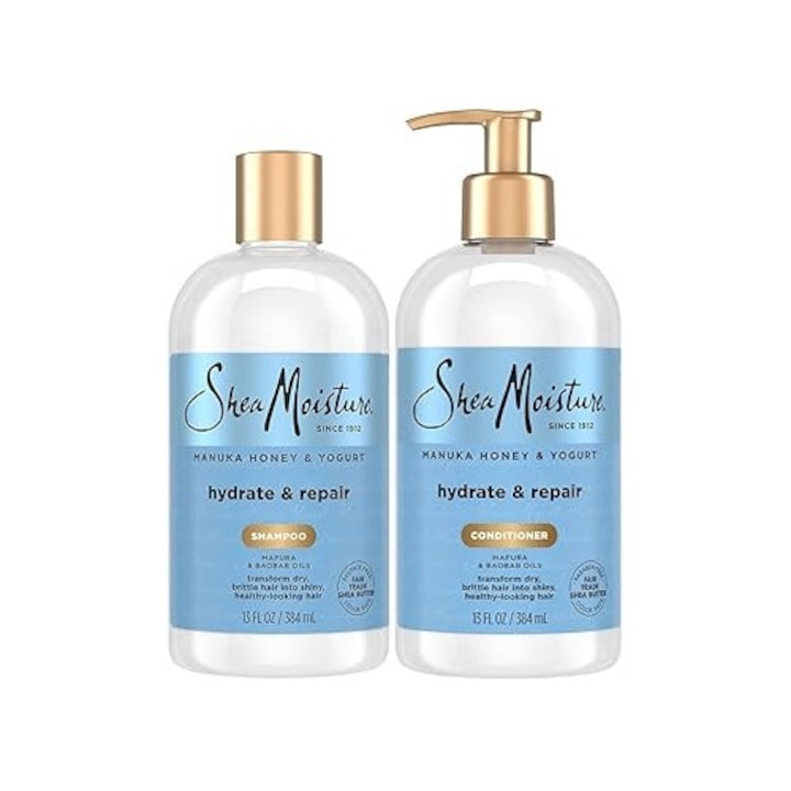 Set Shea Moisture, Sampon hidratant reparator pentru par uscat cu miere de Manuka si iaurt 384 ml, Balsam 384 ml