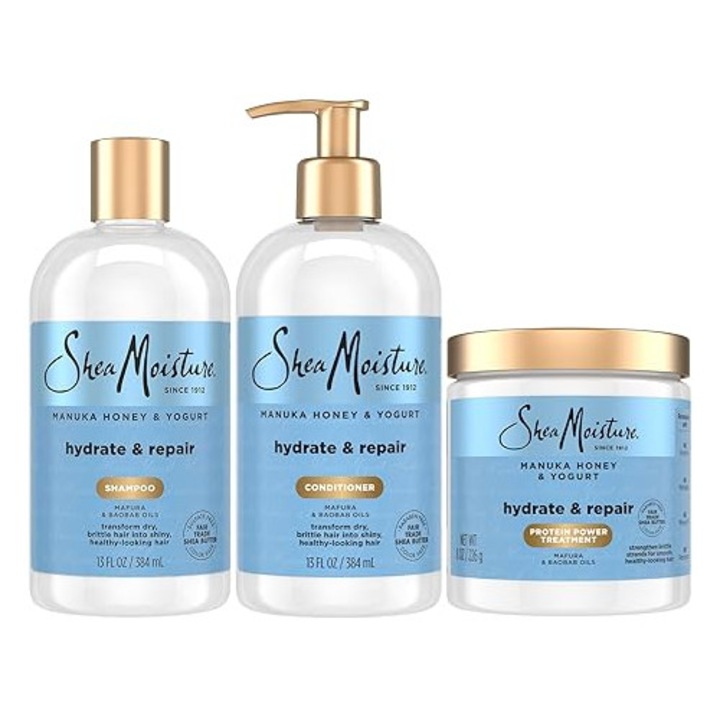 Set Shea Moisture, Sampon hidratant reparator pentru par uscat cu miere de Manuka si iaurt 384 ml, Balsam 384 ml Masca 355 ml