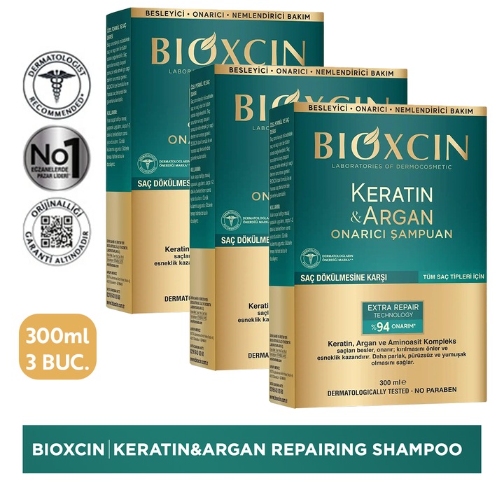 Sampon reparator Bioxcin Keratin Argan 3x300 ML pentru par deteriorat si uscat