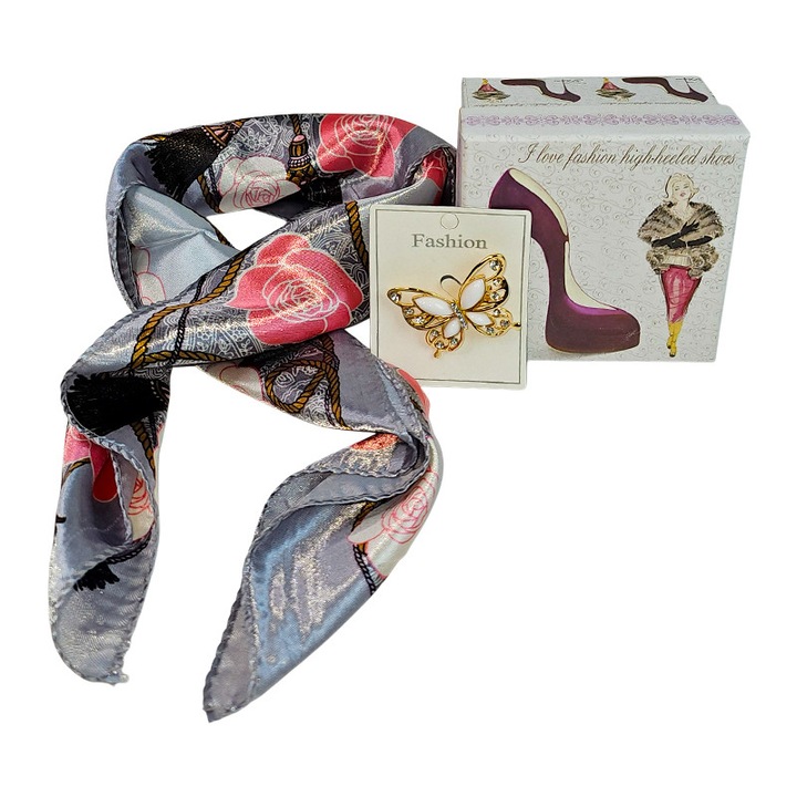 Set cadou esarfa eleganta Velve cu brosa detasabila fluture gri 45x45cm