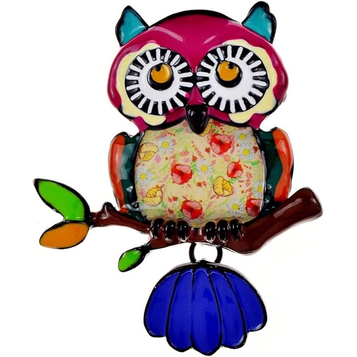 Márciusi bross, hagyományos, SHINY, stilizált bagoly, virágmintás, többszínű