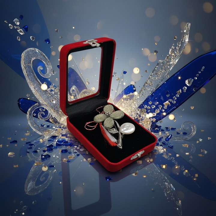 Martisor Brosa Mare, Floare „Petale de Cristal” in cutie de catifea rosie, VisionXXI